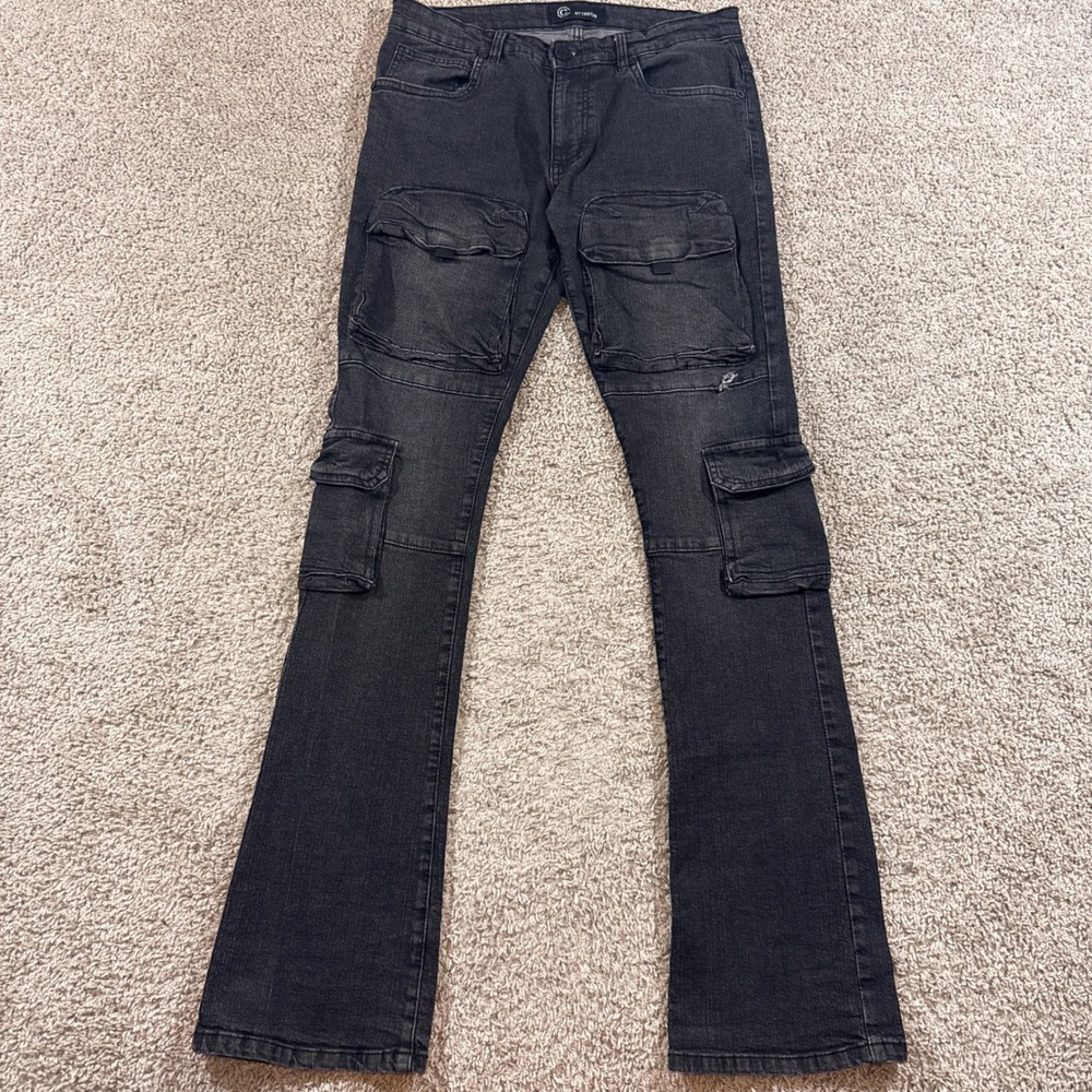 Octagon Cargo Jeans Mens 32x36 Washed Black Good Slim Flare Multi Pocket Denim